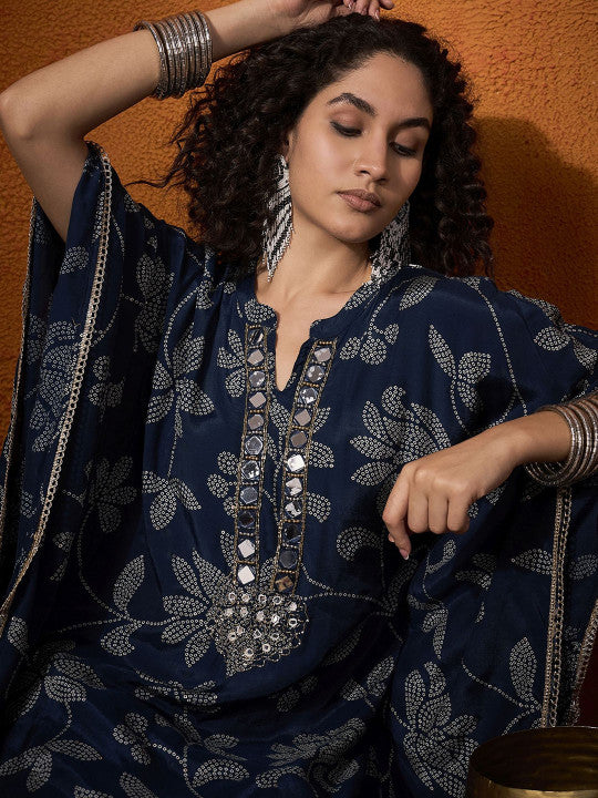 Floral Embroidered Regular Mirror Work Kaftan Kurta with Dhoti Pants