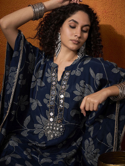 Floral Embroidered Regular Mirror Work Kaftan Kurta with Dhoti Pants