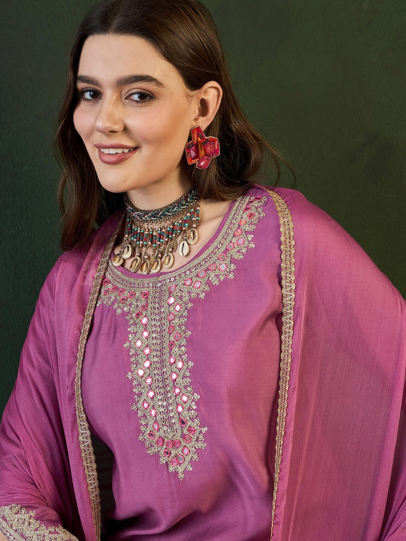 Purple Embroidered Mirror Work Round Neck Kurta With Dhoti Pants And Dupatta