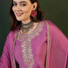 Purple Embroidered Mirror Work Round Neck Kurta With Dhoti Pants And Dupatta