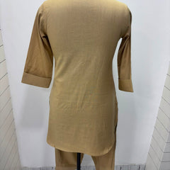 Beige Mandarin Collar Pure Cotton Tunic With Trousers Kurta Set