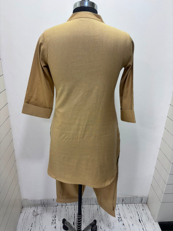 Beige Mandarin Collar Pure Cotton Tunic With Trousers Kurta Set