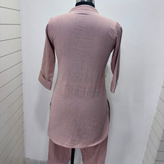 Coral Mandarin Collar Pure Cotton Tunic With Trousers Kurta Set