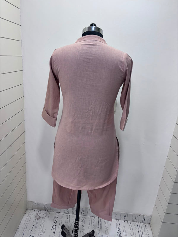 Coral Mandarin Collar Pure Cotton Tunic With Trousers Kurta Set