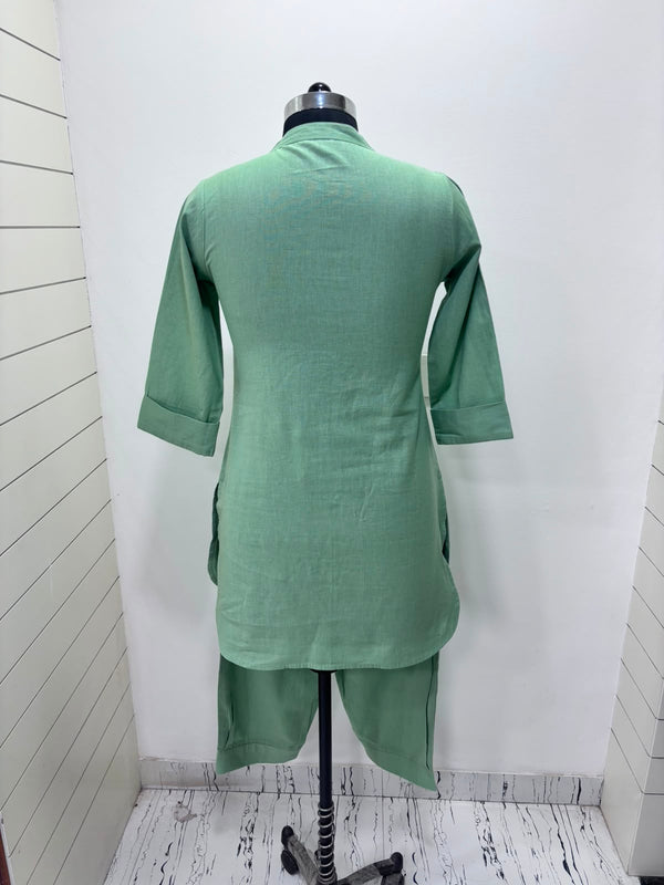 Beige Mandarin Collar Pure Cotton Tunic With Trousers Kurta Set