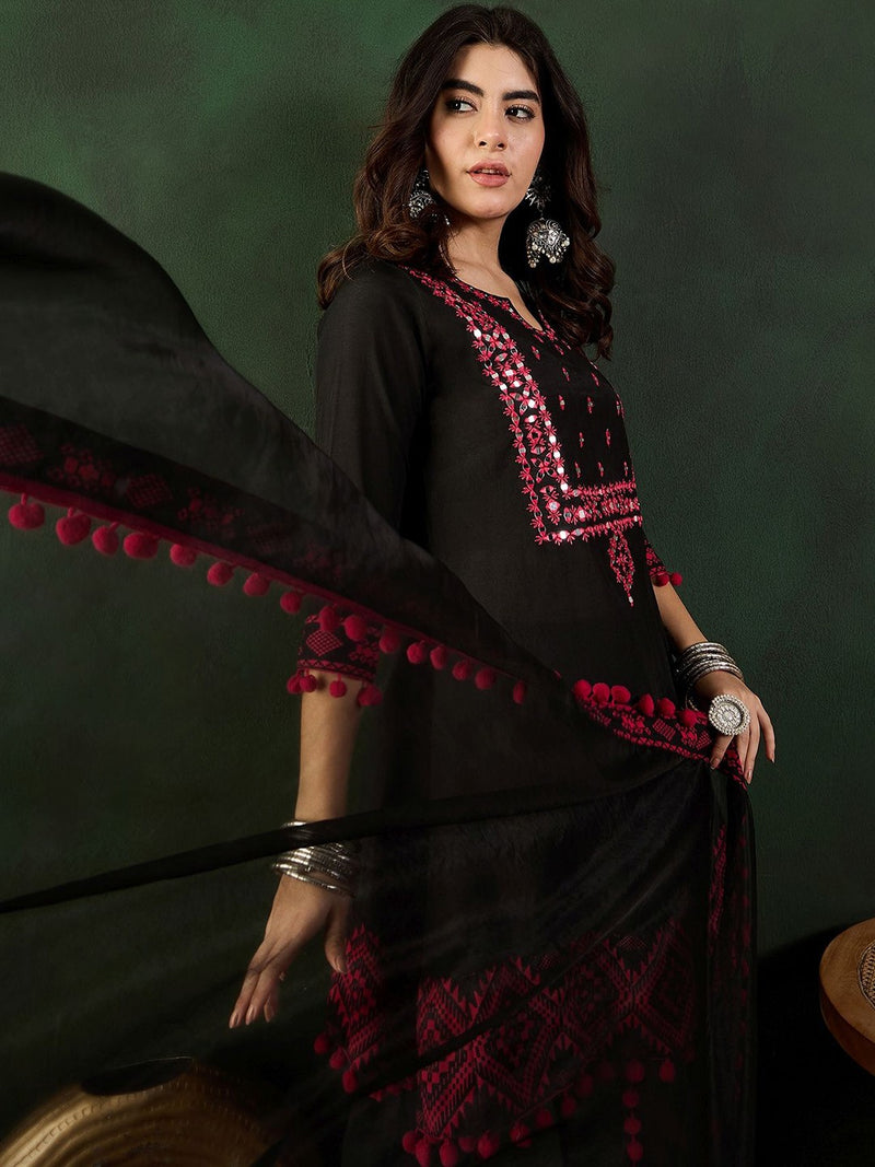 Floral Printed Mirror Work Pure Cotton Kurta With Dhoti Pant & Dupatta