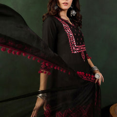 Floral Printed Mirror Work Pure Cotton Kurta With Dhoti Pant & Dupatta