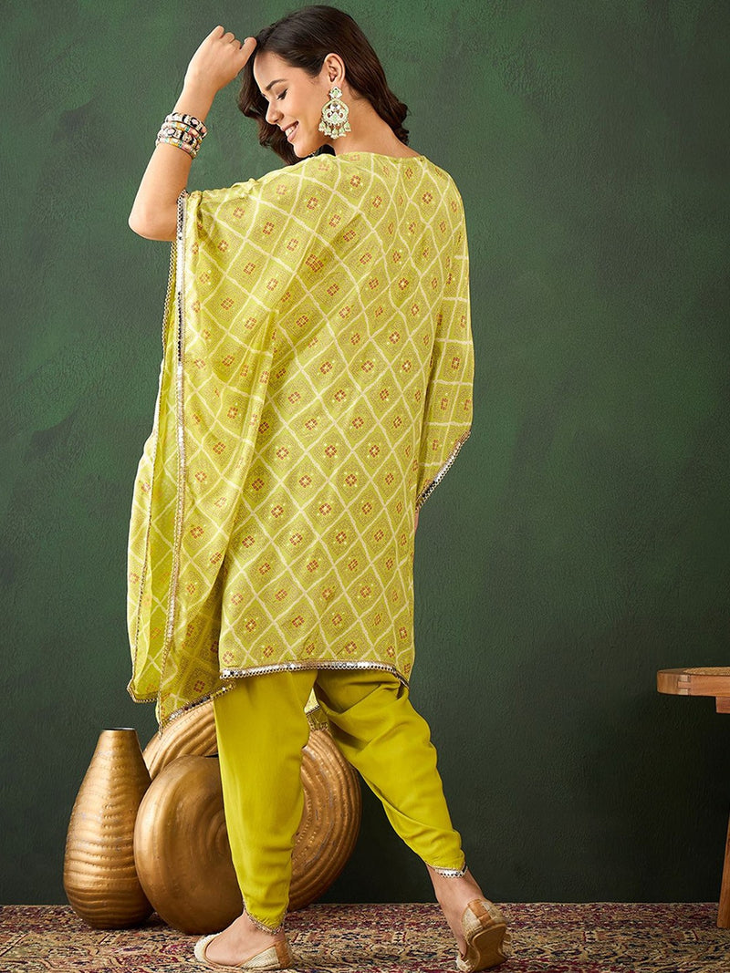 Bandhani Printed Gotta Patti Asymmetric Kaftan With Dhoti Pant