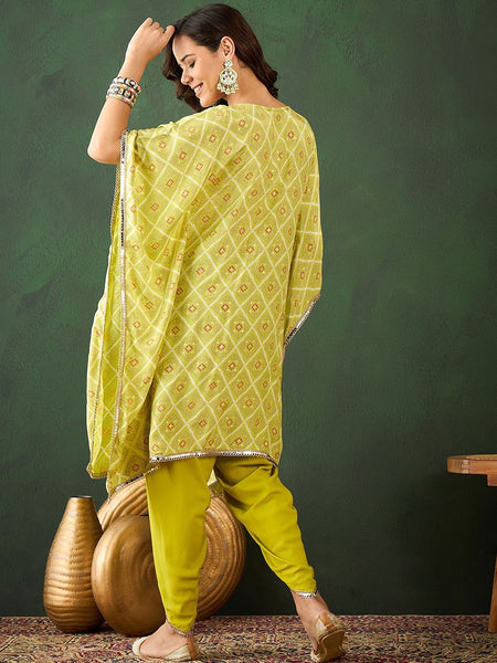 Bandhani Printed Gotta Patti Asymmetric Kaftan With Dhoti Pant