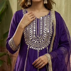 Purple Floral Embroidered & Sequinned A-Line Kurta With Dhoti Pant & Dupatta Kurta Set