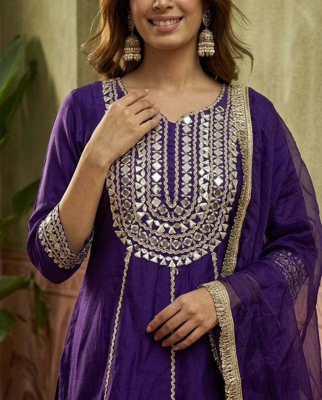 Purple Floral Embroidered & Sequinned A-Line Kurta With Dhoti Pant & Dupatta Kurta Set