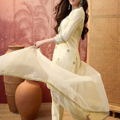 Off White Floral Embroidered & Sequin Work  Kurta With Trouser & Dupatta Kurta Set