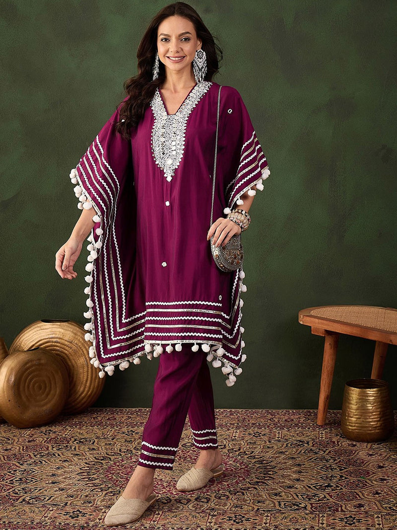Purple Geometric Embroidered Mirror Work Roman Silk Kurta With Trouser