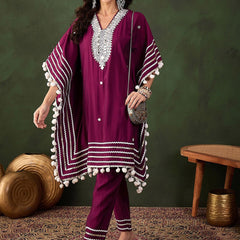 Purple Geometric Embroidered Mirror Work Roman Silk Kurta With Trouser