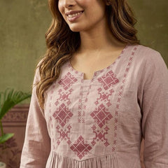 Coral Pure Cotton Ethnic Motifs Embroidered A-Line Short Kurti