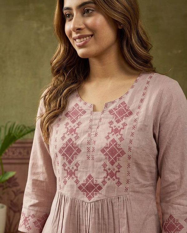 Coral Pure Cotton Ethnic Motifs Embroidered A-Line Short Kurti