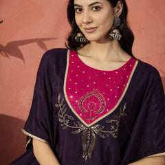 Burgundy Yoke Design Beads And Stones Round Neck Kaftan Kurta With Trousers