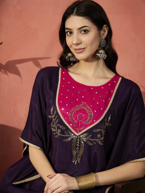 Burgundy Yoke Design Beads And Stones Round Neck Kaftan Kurta With Trousers