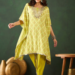 Bandhani Printed Gotta Patti Asymmetric Kaftan With Dhoti Pant