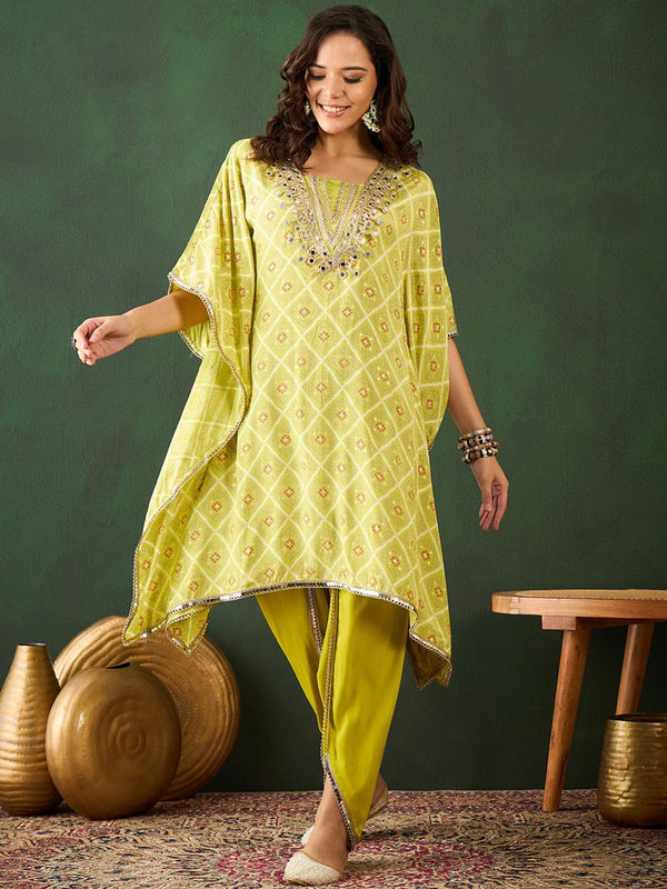 Bandhani Printed Gotta Patti Asymmetric Kaftan With Dhoti Pant
