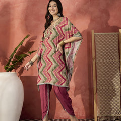 Chevron Printed Mirror Work V-Neck Kaftan Kurta Set