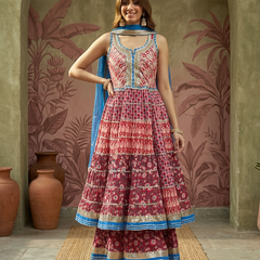 Pure Cotton Floral Printed Anarkali Kurta with Sharara & Dupatta Kurta Set