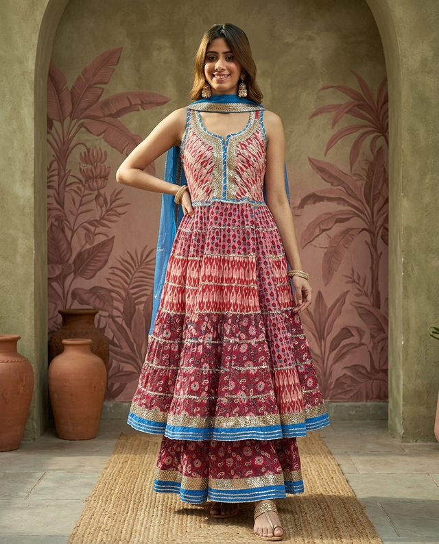 Pure Cotton Floral Printed Anarkali Kurta with Sharara & Dupatta Kurta Set