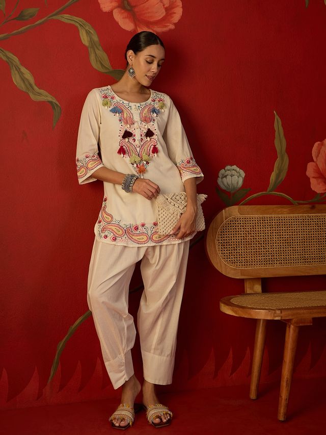 White Floral Embroidered Tunic With Farshi Salwar  Co-Ords Set