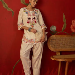 White Floral Embroidered Tunic With Farshi Salwar  Co-Ords Set