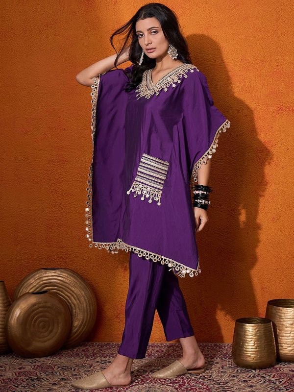 Ethnic Motifs Yoke Design Embroidered Kaftan Kurta & Trousers