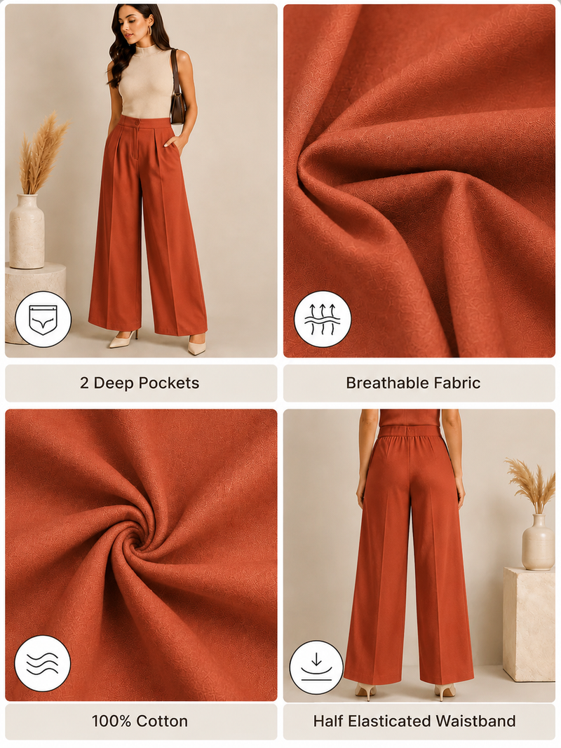 Women's Rust Orange High Waist Wide Leg Palazzo Pants