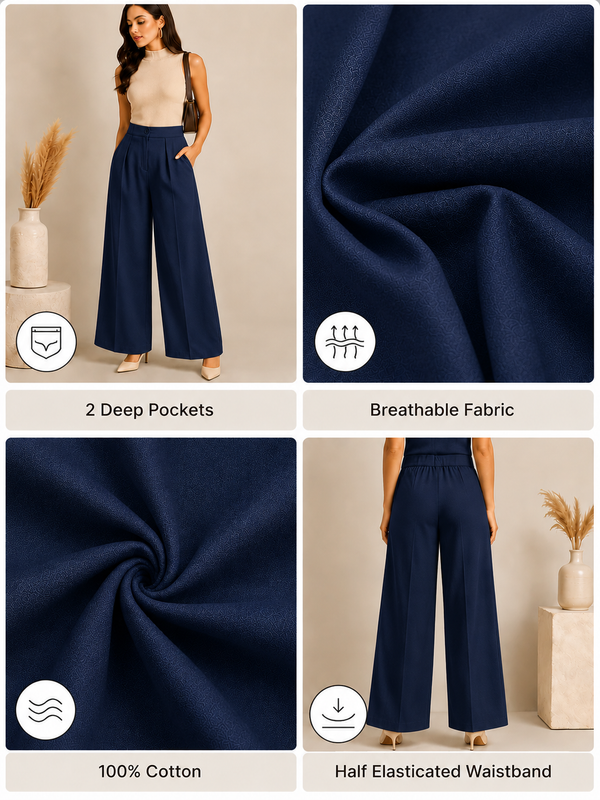 Women's Navy Blue High Waist Wide Leg Palazzo Pants