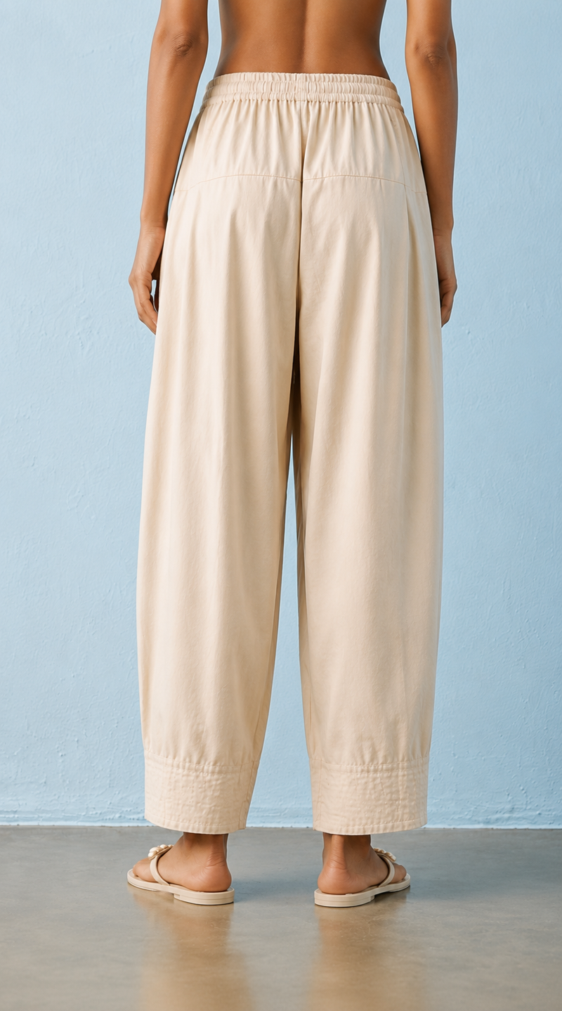 Women's Solid Off White Pleated Harem Cotton Trouser