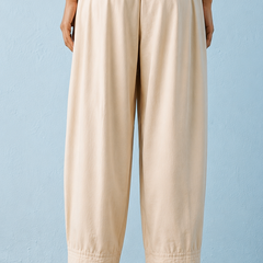 Women's Solid Off White Pleated Harem Cotton Trouser