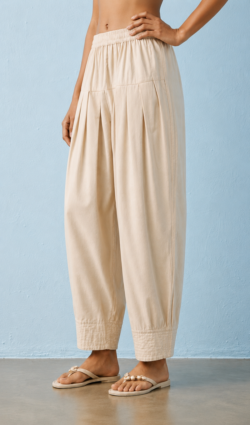 Women's Solid Off White Pleated Harem Cotton Trouser