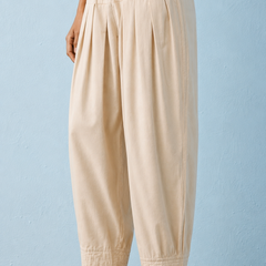 Women's Solid Off White Pleated Harem Cotton Trouser