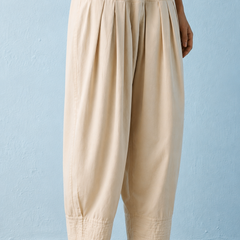 Women's Solid Off White Pleated Harem Cotton Trouser