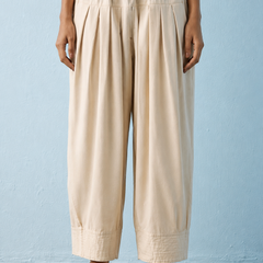 Women's Solid Off White Pleated Harem Cotton Trouser