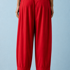 Women's Solid Red Pleated Harem Cotton Trouser
