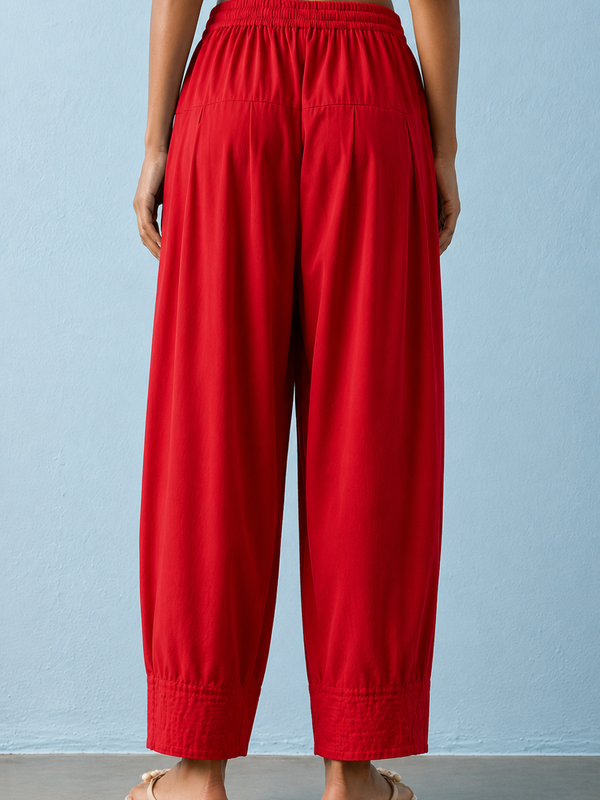 Women's Solid Red Pleated Harem Cotton Trouser