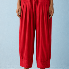 Women's Solid Red Pleated Harem Cotton Trouser