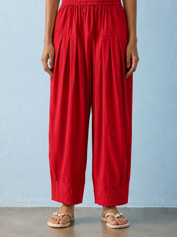 Women's Solid Red Pleated Harem Cotton Trouser
