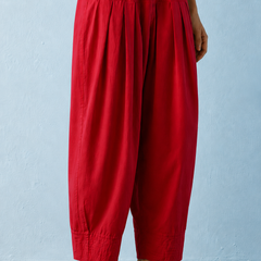 Women's Solid Red Pleated Harem Cotton Trouser