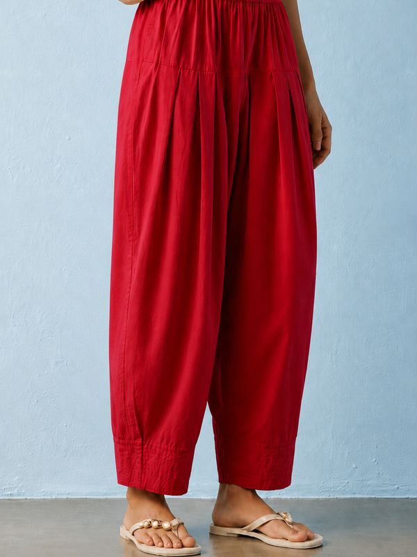 Women's Solid Red Pleated Harem Cotton Trouser