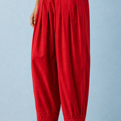 Women's Solid Red Pleated Harem Cotton Trouser
