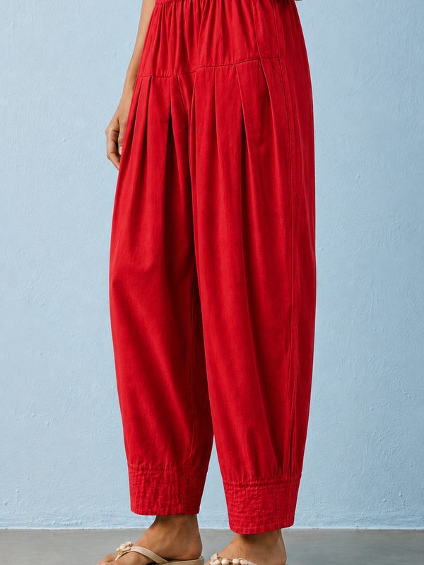 Women's Solid Red Pleated Harem Cotton Trouser