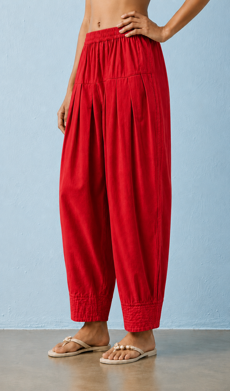 Women's Solid Red Pleated Harem Cotton Trouser