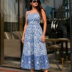 Indigo Blue Floral Printed Tired Anarkali Kurta