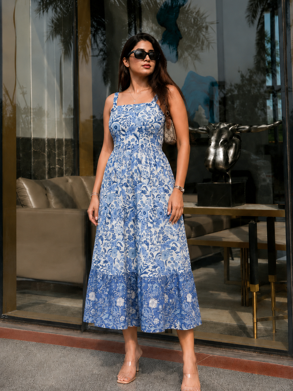 Indigo Blue Floral Printed Tired Anarkali Kurta