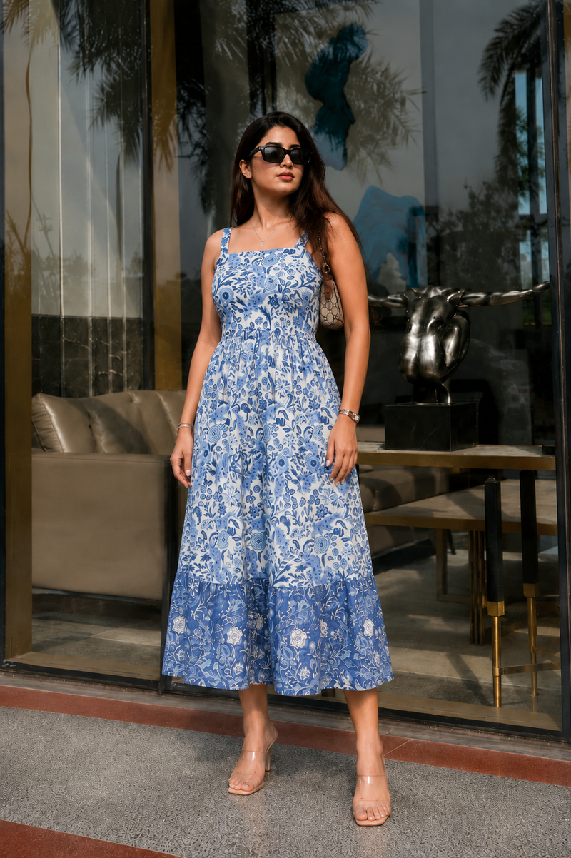 Indigo Blue Floral Printed Tired Anarkali Kurta